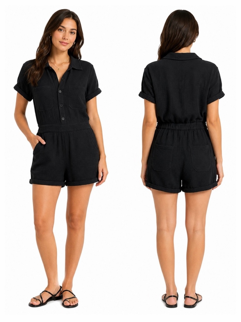 Joe’s Jeans Collection Black Cotton Gauze Romper Womens Button Front Pockets XS